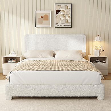 Maxspeed Upholstered Platform Bed Frame with Adjustable Headboard, No Box Spring Needed, White