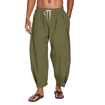COOFANDY Men' Cotton Linen Pants Loose Fit Lightweight Beach Pants Elastic Waist Casual Yoga Pants