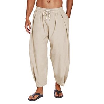 COOFANDY Men' Cotton Linen Pants Loose Fit Lightweight Beach Pants Elastic Waist Casual Yoga Pants