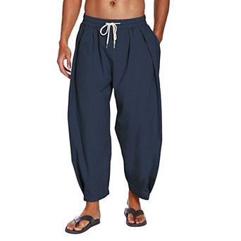 COOFANDY Men' Cotton Linen Pants Loose Fit Lightweight Beach Pants Elastic Waist Casual Yoga Pants
