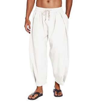 COOFANDY Men' Cotton Linen Pants Loose Fit Lightweight Beach Pants Elastic Waist Casual Yoga Pants