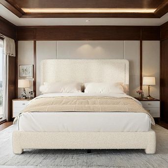 Maxspeed Boucle Bed Frame with Adjustable Headboard, Rounded Corners,No Box Spring Required, Beige