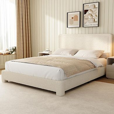 Maxspeed Boucle Bed Frame with Adjustable Headboard, Rounded Corners,No Box Spring Required, Beige