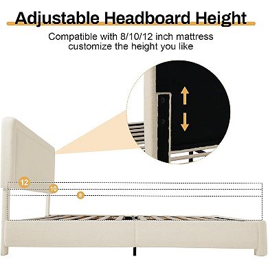 Maxspeed Boucle Bed Frame with Adjustable Headboard, Rounded Corners,No Box Spring Required, Beige