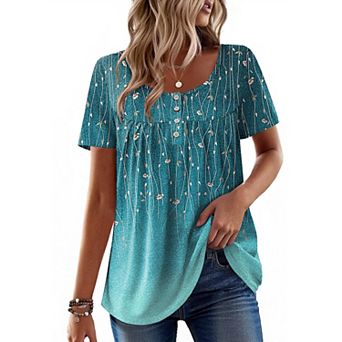 Zeagoo Women's Short Sleeve Pleated Scooped Neck Tunic Tops Loose Fit Summer