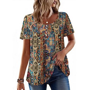 Zeagoo Women's Short Sleeve Pleated Scooped Neck Tunic Tops Loose Fit Summer