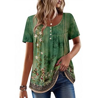 Zeagoo Women's Short Sleeve Pleated Scooped Neck Tunic Tops Loose Fit Summer