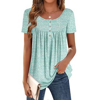 Zeagoo Women's Short Sleeve Pleated Scooped Neck Tunic Tops Loose Fit Summer