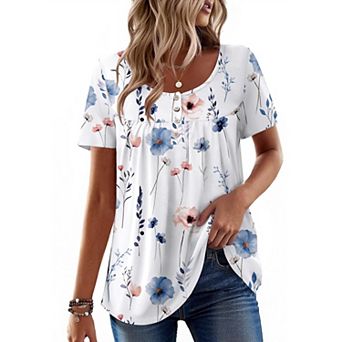 Zeagoo Women's Short Sleeve Pleated Scooped Neck Tunic Tops Loose Fit Summer