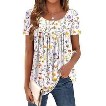 Zeagoo Women's Short Sleeve Pleated Scooped Neck Tunic Tops Loose Fit Summer