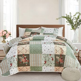 Patchwork Quilt Set Full/Queen Size, 3 pc Green Floral Plaid Summer Bedspread Coverlet Set