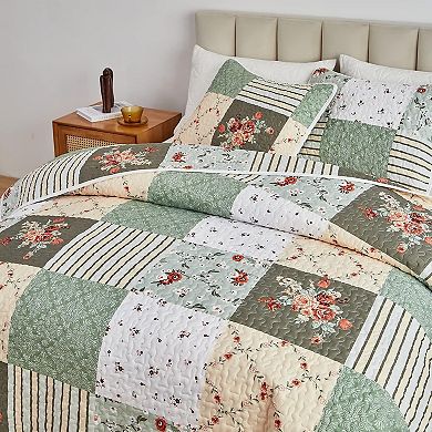 Patchwork Quilt Set Full/Queen Size, 3 Pieces Green Floral Plaid Summer Bedspread Coverlet Set