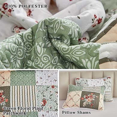Patchwork Quilt Set Full/Queen Size, 3 Pieces Green Floral Plaid Summer Bedspread Coverlet Set