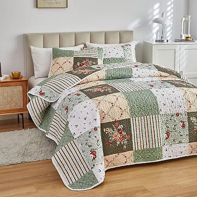 Patchwork Quilt Set Full/Queen Size, 3 Pieces Green Floral Plaid Summer Bedspread Coverlet Set