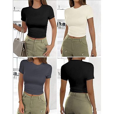 Ekouaer 3 Pack Basic Tees for Women Short Sleeve Shirts Crew Neck Slim Fit Tops Trendy Clothes