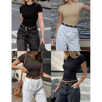 Ekouaer 3 Pack Basic Tees for Women Short Sleeve Shirts Crew Neck Slim Fit Tops Trendy Clothes