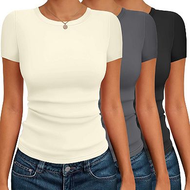 Ekouaer 3 Pack Basic Tees for Women Short Sleeve Shirts Crew Neck Slim Fit Tops Trendy Clothes