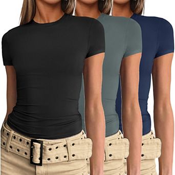 Ekouaer 3 Pack Basic Tees for Women Short Sleeve Shirts Crew Neck Slim Fit Tops Trendy Clothes