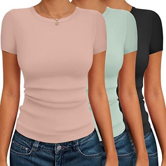 Ekouaer 3 Pack Basic Tees for Women Short Sleeve Shirts Crew Neck Slim Fit Tops Trendy Clothes