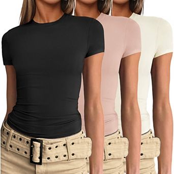Ekouaer 3 Pack Basic Tees for Women Short Sleeve Shirts Crew Neck Slim Fit Tops Trendy Clothes