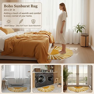 Boho Rainbow Sun Half Circle Mat 16x30, Non-Slip Washable Soft for Entryway