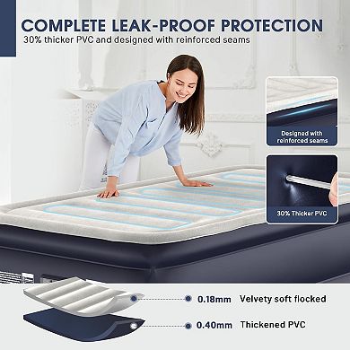 Luxury Raised Air Mattress: 18" Thick, Flocked Top, Built-in Pump, 2-min Inflate/Deflate, Portable