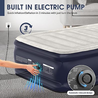 Luxury Raised Air Mattress: 18" Thick, Flocked Top, Built-in Pump, 2-min Inflate/Deflate, Portable