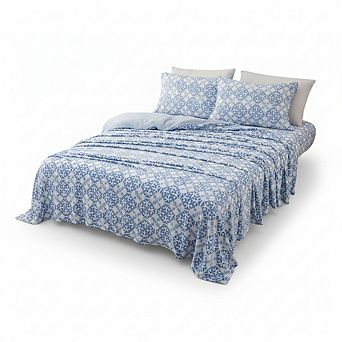 Full Size Velvet Fleece Sheet Set, 4 pc Plush Non-Pilling Watercolor Damask Blue