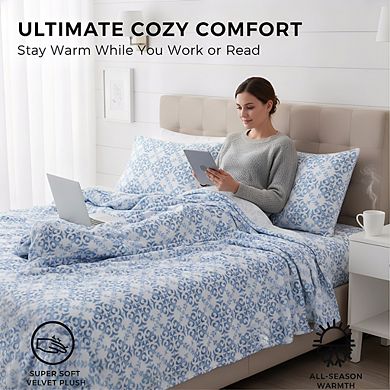 Full Size Velvet Fleece Sheet Set, 4pc Plush Non-Pilling Watercolor Damask Blue