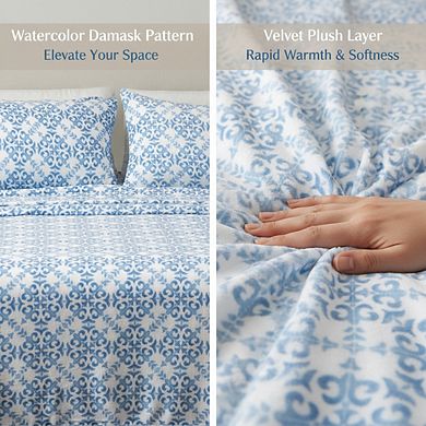 Full Size Velvet Fleece Sheet Set, 4pc Plush Non-Pilling Watercolor Damask Blue