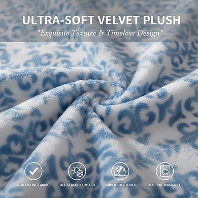 Full Size Velvet Fleece Sheet Set, 4pc Plush Non-Pilling Watercolor Damask Blue