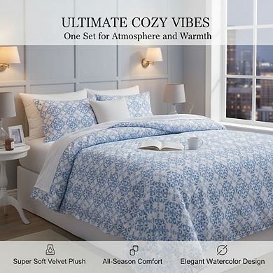 Full Size Velvet Fleece Sheet Set, 4pc Plush Non-Pilling Watercolor Damask Blue