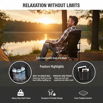 Portable Camping Chair with 4-Can Cooler, Cushioned Seat and Back, Cup Holder with Carry Bag