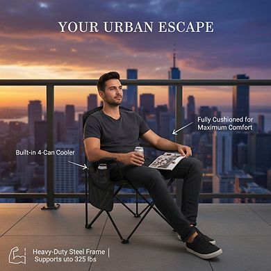 Portable Camping Chair with 4-Can Cooler, Cushioned Seat and Back, Cup Holder with Carry Bag
