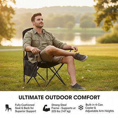 Portable Camping Chair with 4-Can Cooler, Cushioned Seat and Back, Cup Holder with Carry Bag