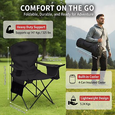 Portable Camping Chair with 4-Can Cooler, Cushioned Seat and Back, Cup Holder with Carry Bag