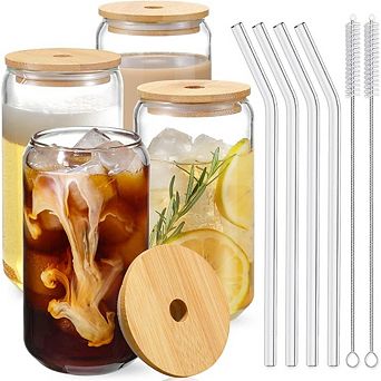 Great Ambitions 4 pc 16oz Glass Cups Set with Lids, Straws & Brushes