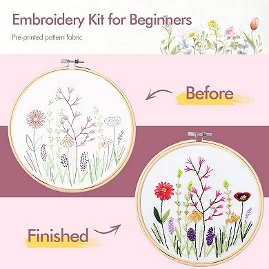 4 Pack Embroidery Kit for Beginners Adults Floral Cross Stitch Set with Hoop Tools and Threads