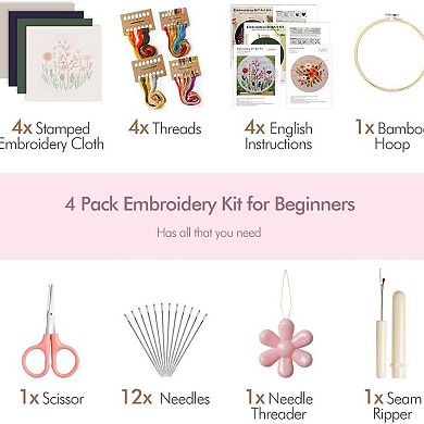 4 Pack Embroidery Kit for Beginners Adults Floral Cross Stitch Set with Hoop Tools and Threads