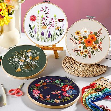 4 Pack Embroidery Kit for Beginners Adults Floral Cross Stitch Set with Hoop Tools and Threads