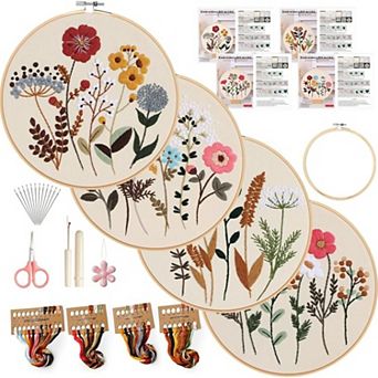 4 Pack Embroidery Kit for Beginners Adults Floral Cross Stitch Set with Hoop Tools and Threads