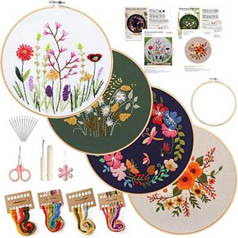 4 Pack Embroidery Kit for Beginners Adults Floral Cross Stitch Set with Hoop Tools and Threads