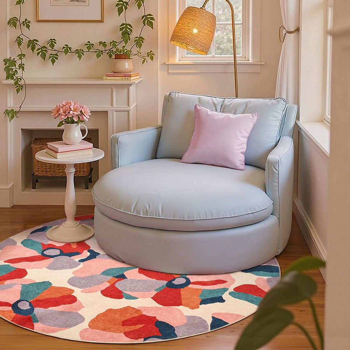 5ft Round Rug Washable Colorful Theme Non Slip Soft Carpet Bedroom Playroom Living Room - Floral Dance