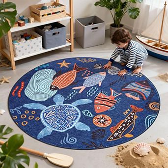 5ft Round Rug Washable Colorful Theme Non Slip Soft Carpet Bedroom Playroom Living Room