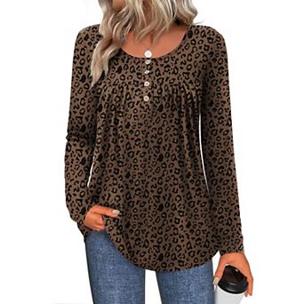 Zeagoo Women's Leopard Print Long Sleeve Loose Tunic Tops, Pleated Casual Blouses for Leggings