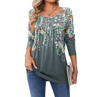 Zeagoo Women's Leopard Print Long Sleeve Loose Tunic Tops, Pleated Casual Blouses for Leggings