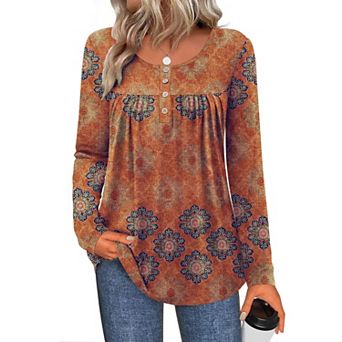Zeagoo Women's Leopard Print Long Sleeve Loose Tunic Tops, Pleated Casual Blouses for Leggings