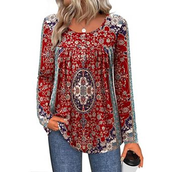 Zeagoo Women's Leopard Print Long Sleeve Loose Tunic Tops, Pleated Casual Blouses for Leggings