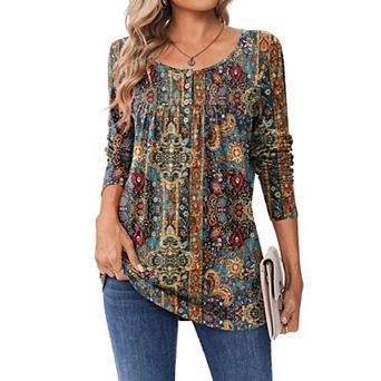 Zeagoo Women's Leopard Print Long Sleeve Loose Tunic Tops, Pleated Casual Blouses for Leggings