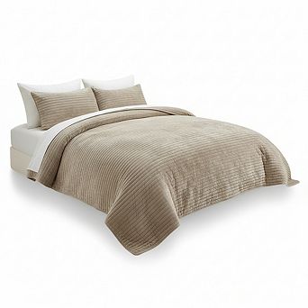 All Season Velvet Quilt Set King, Lightweight Striped Channel in Beige Taupe